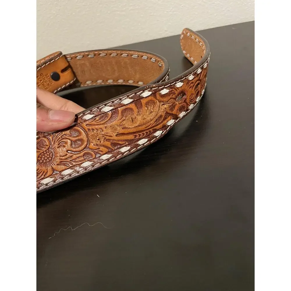 Western Belt Mens 44 Brown Leather Tooled Floral Name Juan No Buckle Cowboy READ